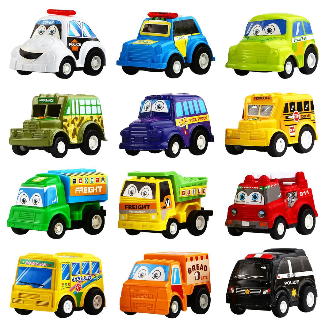Wholesale 12 Pack Assorted Mini Plastic Vehicle Set, Funcorn Toys Pull Back Truck